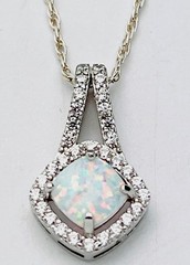 925 Sterling Silver 3.8 Gram Lab Created Whit Fire Opal 32 CZ Necklace 19”