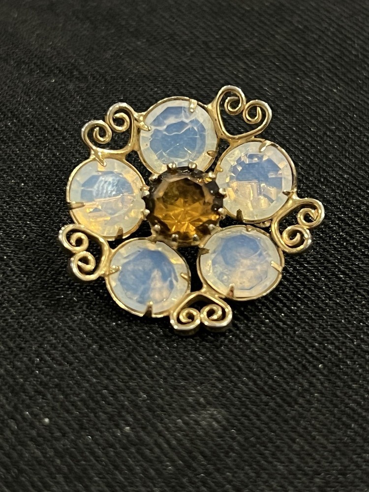 Vintage Opalite Glass Brooch Gold Tone Blue Moonstone Style Rhinestones