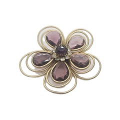 Flower Brooch Purple White Crystal Gold tone Wire Vintage 2.25 in