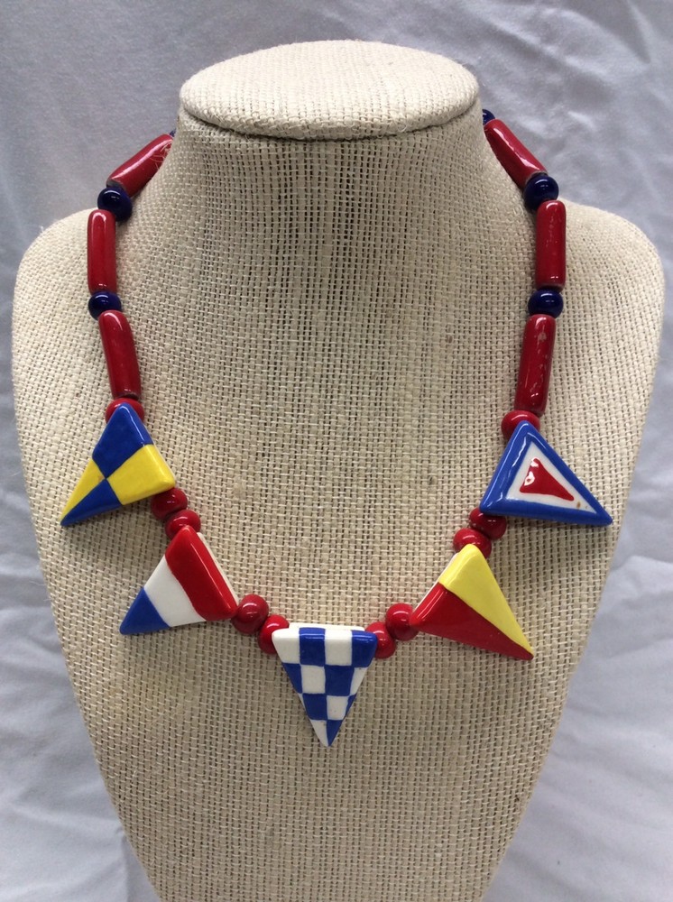 Stunning vtg. Flying Colors Hand Painted Ceramic Modern Blue Red White necklace