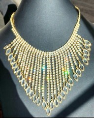VTG Navette Bibb Necklace Gold Tone Statement AB Glass Graduated Reversible 1950