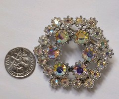 Vintage Aurora Borealis Rhinestone Silvertone Brooch