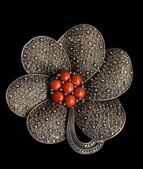 Theodor Fahrner Silver Brooch PIN 925 Markasite and Coral