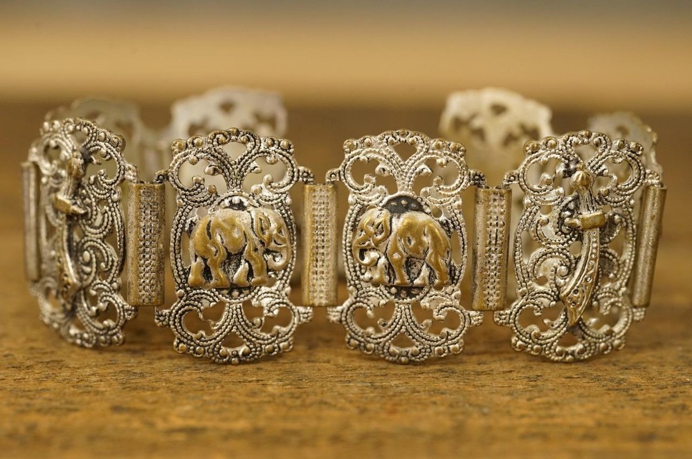 Vintage Souvenir Bracelet Morocco Hamsa Hand Elephant Link Nickel Plated Brass