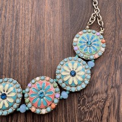 Vintage Boho Hippie Multicolor Enamel Flower Coin Beaded Goldtone Chain Necklace