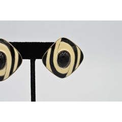 TAT Vintage Cabochon Earrings Black Off White Enamel Chunky Signed 1980s BnS