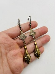 Vintage Style Art Nouveau Gold Tone Long Elegant Teardrop Dangle Hook Earrings