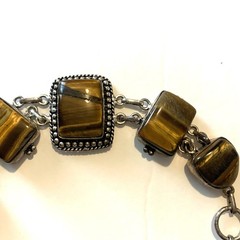 Vintage Polished Tiger’s Eye Silver Tone Bracelet 7” Chunky Statement Piece