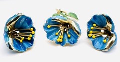 Vintage 1980’s Gold Plated Blue & Yellow Enamel Flower Brooch & Earrings Set
