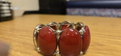 Red Oval Plastic Stone Silver Tone Metal Flex Stretchy Bracelet Adjustable Flaw