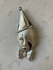 Vintage Crying Pierrot Clown Enamel Tear Silver Tone Brooch, Clown Jewelry, 1980