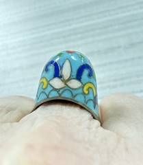 VTG Chinese Blue Cloisonne Enamel And Copper Ring Flowers Leaves Stems Sz 7