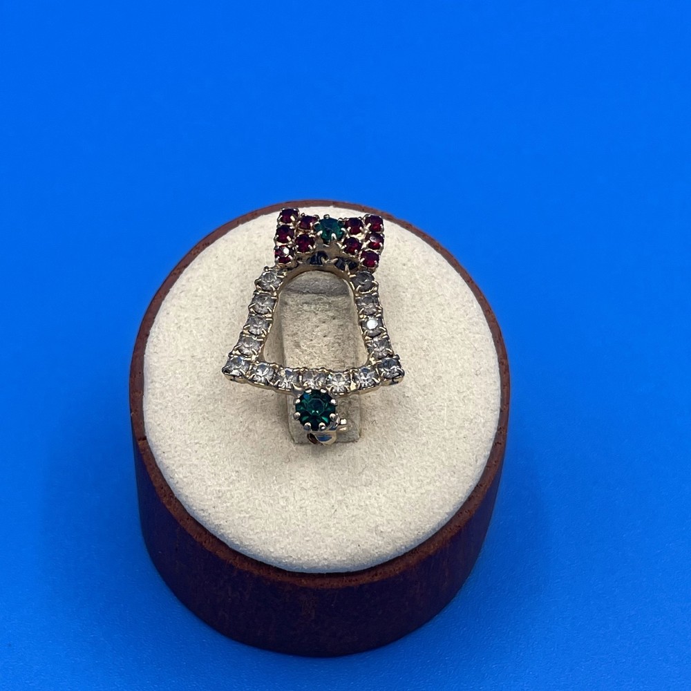 Vintage VTG Christmas Bell Brooch Pin Red Green Clear Rhinestones Gold Tone 24mm