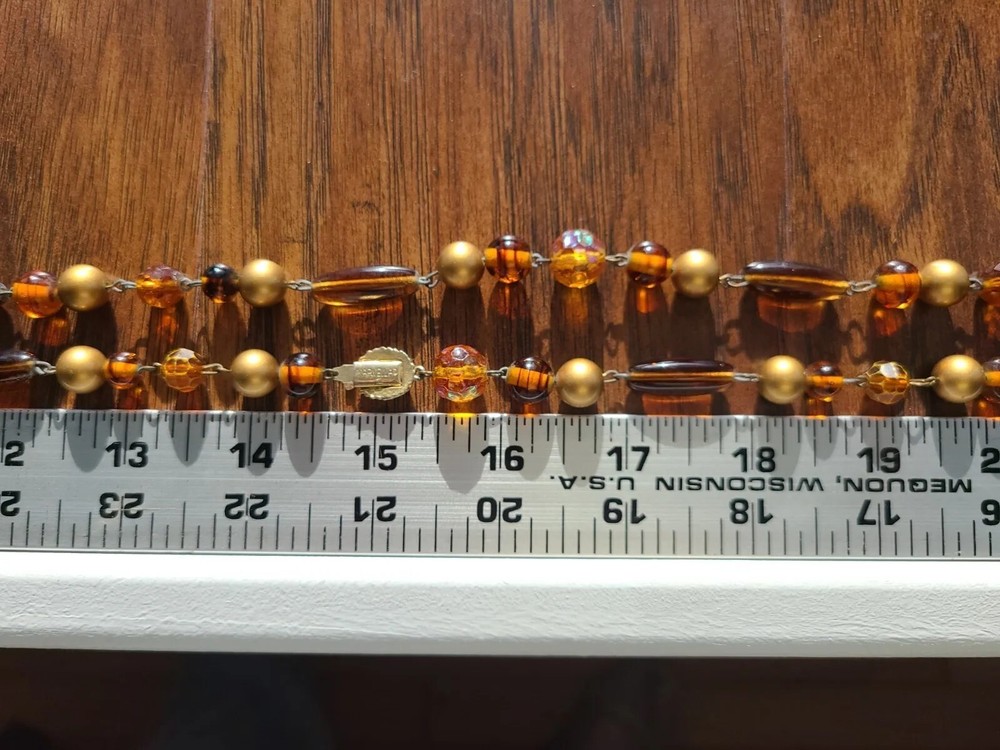 Marvella Amber Colored Glass Gold Beads With Metal Connectors Signed Slide Clasp