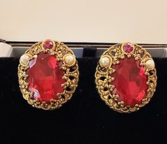 West Germany Gold Filigree Enamel Ruby Red & Pink Rhinestone Brooch & Earrings