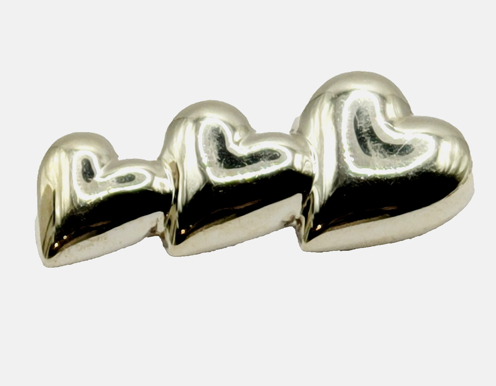 Triple Heart Graduated Sized Puffy Look Sterling Silver 925 Brooch Pin Thailand