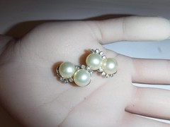 Vintage JOMAZ Earrings Double Faux Mabe Pearl Silver-tone Crystal Accents Signed