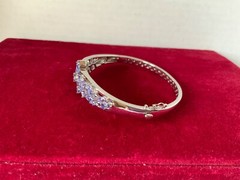 RARE NATURAL TANZANITE DIAMOND FLOWER STERLING 7 1/2” BANGLE BRACELET NEW