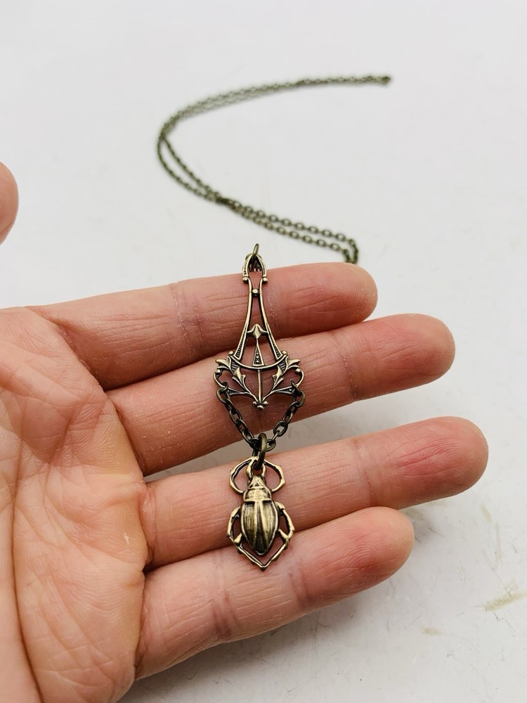 Vintage Egyptian Revival Art Nouveau Lavalier Filigree Scarab Beetle Necklace