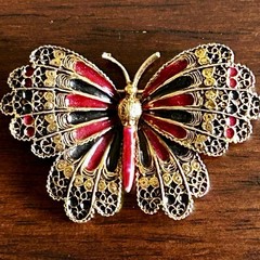 Vtg Butterfly Mode-Art (Arthur Pepper) Brooch Pin Gold With Red & Black Enamel