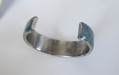 Vtg Estate Jewelry Artisan Metal Cuff Bracelet Coral Denim Blue & White Inlay