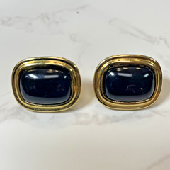Vintage Trifari Signed Gold Tone & Black Onyx Designer Square Oval Earrings