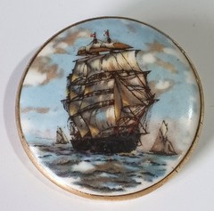 Vtg (Antique?) Painted Porcelain Brooch 1-5/8″ w/ Clipper Ship Under Full Sail