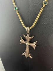 925 Sterling Silver Gothic Maltese Cross Pendant Gold Tone Green Inset Necklace