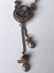 Tiger’s Eye Flower Stone Chip Brass Necklace Earring Set Signed NR Nancy & Rise