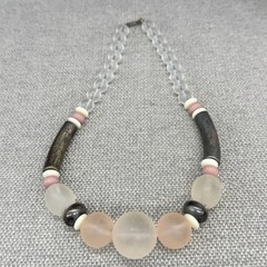 Vintage Necklace Frosted Lucite Beads Metal Bands MCM 17 Inches