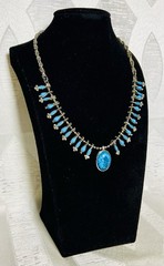Vintage Turquoise Blue Cabachon Necklace Southwestern Style Fringe Dangle 16”