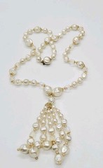 Faux Pearl Tassel Necklace asymmetrical Beaded Waterfall Gold tone Vintage 29 in
