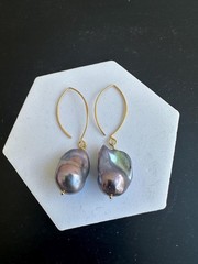 Black Baroque Pearl Earrings, Iridescent Peacock Color, Sterling Silver