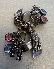Hobe Sterling Silver Bow Brooch Large 3D Rose Floral Pink Blue Glass Jeweled 3″