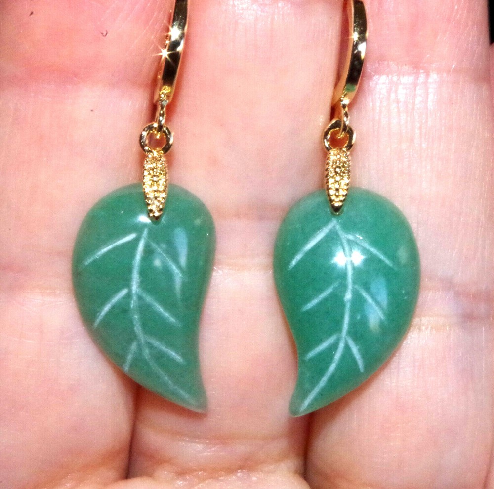 Vintage Genuine 14K GF Green Jadeite Jade Carved Leaf Hoop Earrings