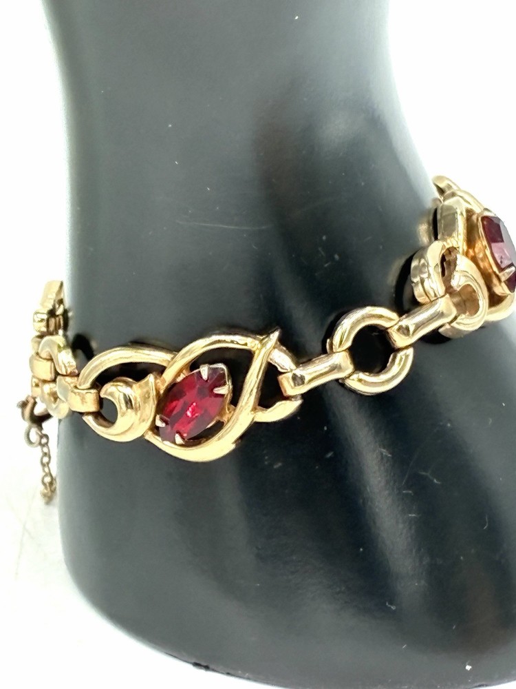 Barclay Signed Vintage Gold Tone Ruby Red Rhinestone Link Bracelet Safety Chain