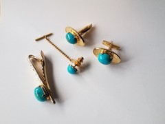 Vintage Matching Set Cufflinks, Tie Bar & Tack Gold Tone W Faux Turquoise Stones