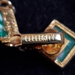 Vintage Celebrity Brooch Earring Set Gold Tone Green Clip On Dangles 2.25″