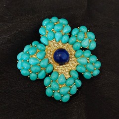 Vintage Trifari Turquoise Flower Brooch & Earrings Set Gold Tone VTG