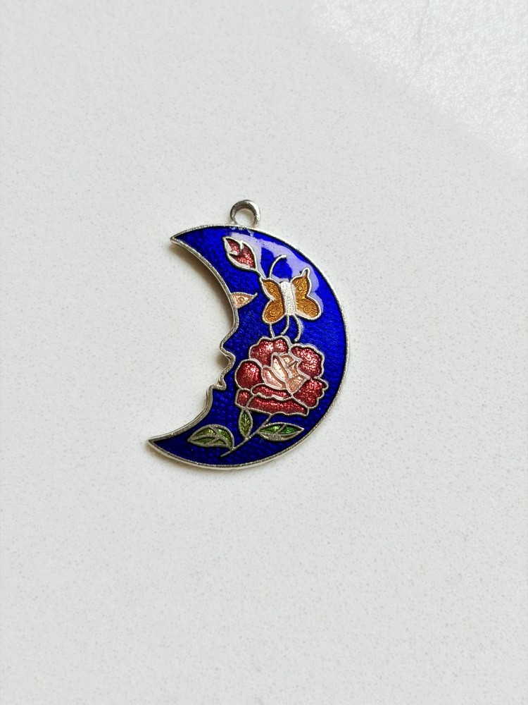 Vintage 90s Cloisonné Blue Crescent Moon Earring Pendant, Floral Butterfly 1990s