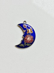 Vintage 90s Cloisonné Blue Crescent Moon Earring Pendant, Floral Butterfly 1990s