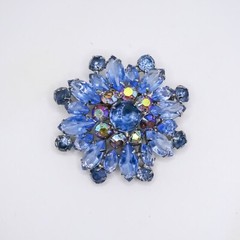 Vintage Brooch Blue Glass Rhinestone Womens Silver Flower Pin Open Back