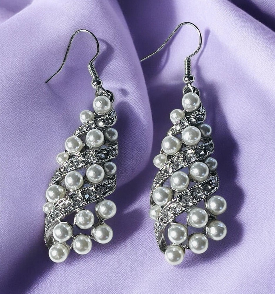 Vintage Faux Pearl & Glass Rhinestone Ribbon Dangle Earrings – Silvertone – 2.5”