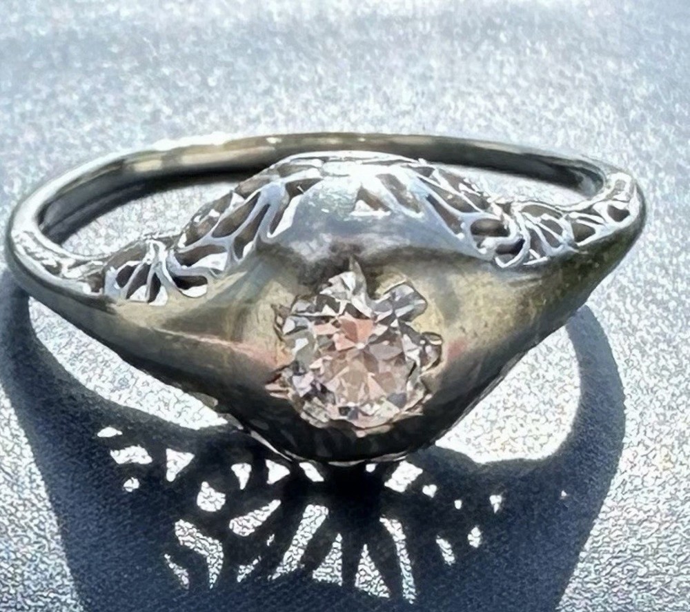 ESTATE ANTIQUE ART DECO OLD CUT DIAMOND RING 18K WHITE GOLD