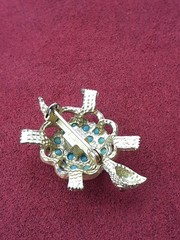 Vintage Turtle Gold Toned Brooch With Faux Turquoise Beads Red Rhinestone Eyes