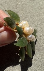 Vintage Swaboda Signed Carved Jade Pearls Gold Leaf Floral Brooch 1960’s