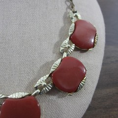 Vintage Thermoset Necklace Red Gold Tone 18 Inch