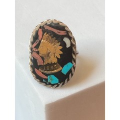 Vintage Sterling Native American Coin Gemstone Mosaic Inlay Ring Size 5.25