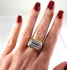 14k Yellow Gold on .925 Sterling Silver Statement Ring Lavender CZ Emerald Cut