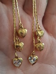 Puffy hearts & crystal bezel-set heart tassel earrings, multi chain, cascading